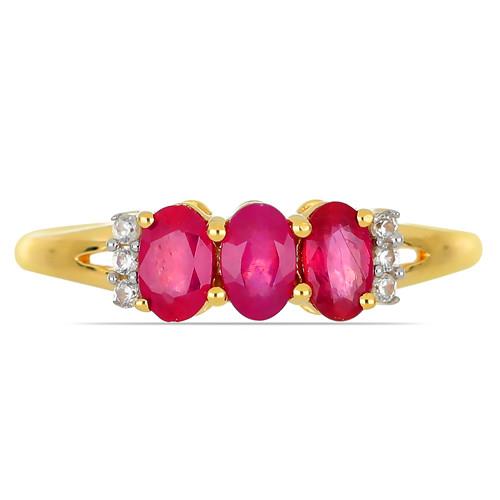 14K GOLD NATURAL GLASS FILLED RUBY GEMSTONE THREE STONES RING